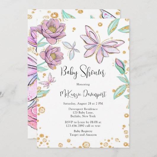 金ゴールドグリッター蝶とフラワーガールベビーシャワー 招待状 (正面/裏面)
