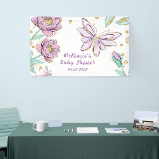 金ゴールドグリッター蝶とフラワーガールベビーシャワー 横断幕 (トレードショー)