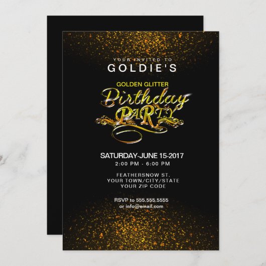 金ゴールドグリッター誕生日パーティーの招待 招待状 (正面/裏面)