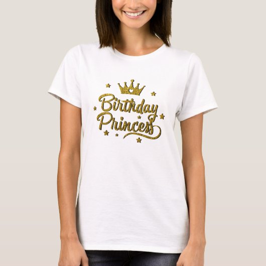金ゴールドグリッター誕生日プリンセス Tシャツ (正面)