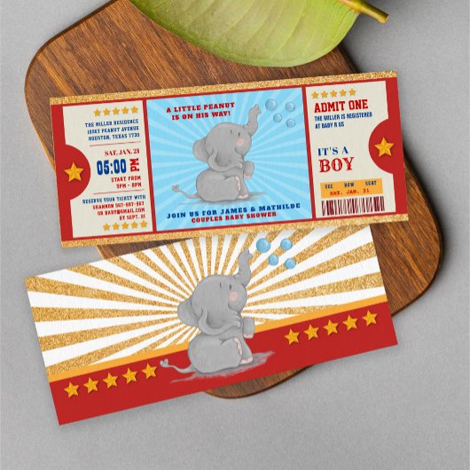 金ゴールドグリッター象チケットカップル赤ちゃんシャワー 招待状