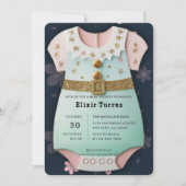 金ゴールドグリッター赤ちゃん服フローラ赤ちゃんシャワー 招待状 (正面)