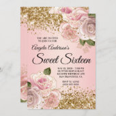 金ゴールドグリッター赤面ピンクフローラグラムSweet sixteen 招待状 (正面/裏面)