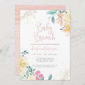 金ゴールドグリッター赤面ピンクフローラベビーシャワーブランチ 招待状 (正面/裏面)