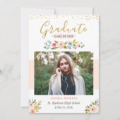 金ゴールドグリッター赤面ピンクフローラ写真卒業 案内状 (正面)