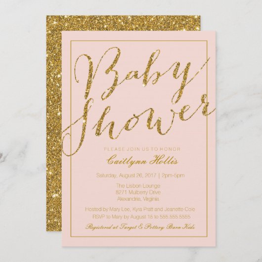 金ゴールドグリッター赤面ピンクベビーシャワー招待状 招待状 (正面/裏面)