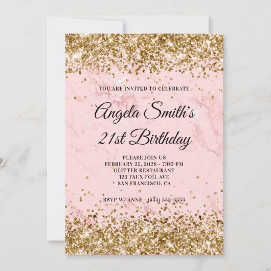 金ゴールドグリッター赤面ピンクマーブル21st誕生日 招待状 (正面)