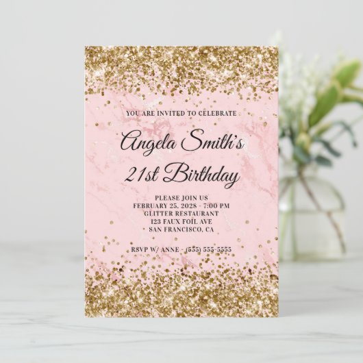 金ゴールドグリッター赤面ピンクマーブル21st誕生日 招待状 (スタンド正面)