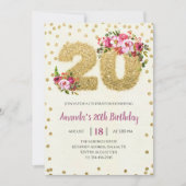 金ゴールドグリッター赤面ピンク20番目の誕生日招待状 招待状 (正面)