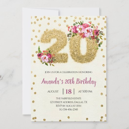 金ゴールドグリッター赤面ピンク20番目の誕生日招待状 招待状 (正面)
