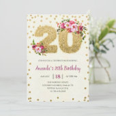 金ゴールドグリッター赤面ピンク20番目の誕生日招待状 招待状 (スタンド正面)
