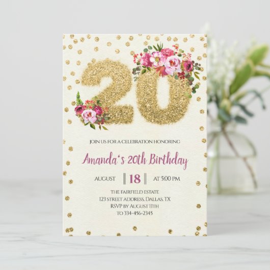 金ゴールドグリッター赤面ピンク20番目の誕生日招待状 招待状 (スタンド正面)