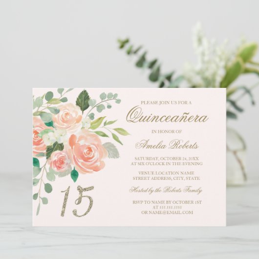 金ゴールドグリッター赤面ピーチフローラキンセアニェラ 招待状 (スタンド正面)