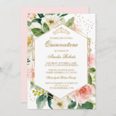 金ゴールドグリッター赤面フローラキンセアニェラ誕生日 招待状 (正面/裏面)