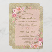 金ゴールドグリッター赤面フローラキンセアニラ誕生日 招待状 (正面/裏面)