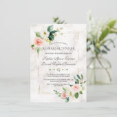 金ゴールドグリッター赤面フローラマーブルリハーサルディナー 招待状 (スタンド正面)