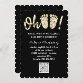 金ゴールドグリッター足ベビーガールボーイQRコードブラック 招待状 (正面/裏面)