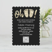 金ゴールドグリッター足ベビーガールボーイQRコードブラック 招待状 (スタンド正面)