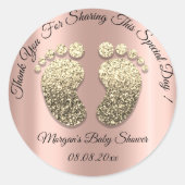 金ゴールドグリッター足ベビーシャワーお願いありがとう ラウンドシール (正面)