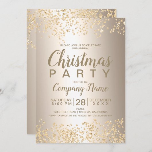 金ゴールドグリッター金属クリ企業のスマスパーティー 招待状 (正面/裏面)