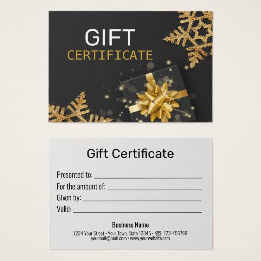 金ゴールドグリッター雪片ギフトボックスブラックギフトカード (正面&裏面)