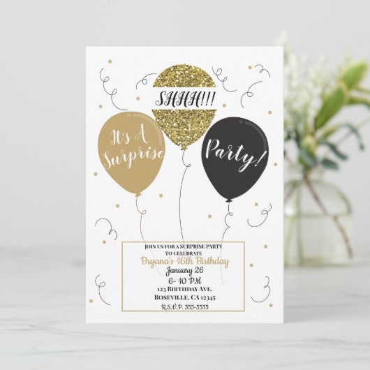 金ゴールドグリッター風船サプライズ誕生日パーティー 招待状 (スタンド正面)