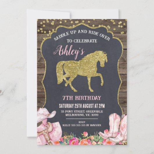 金ゴールドグリッター馬サドルアップ誕生日招待状 招待状 (正面)