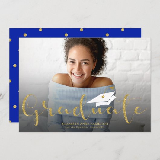 金ゴールドグリッター高校の卒業写真発表 案内状 (正面/裏面)