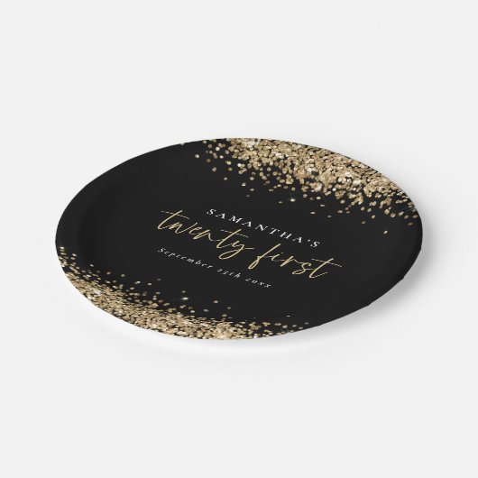 金ゴールドグリッター黒名日付21番目のパーティー ペーパープレート (アングル)