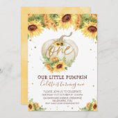 金ゴールドグリッター1ひまわりカボチャ1st誕生日 招待状 (正面/裏面)