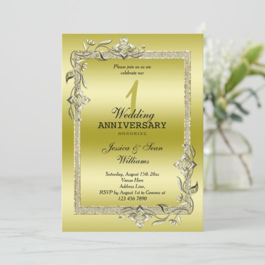 金ゴールドグリッター1周年結婚記念 招待状 (スタンド正面)