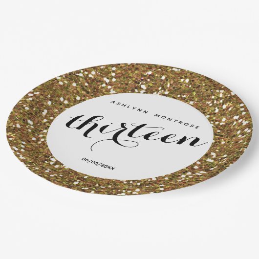 金ゴールドグリッター13誕生日 ペーパープレート (アングル)