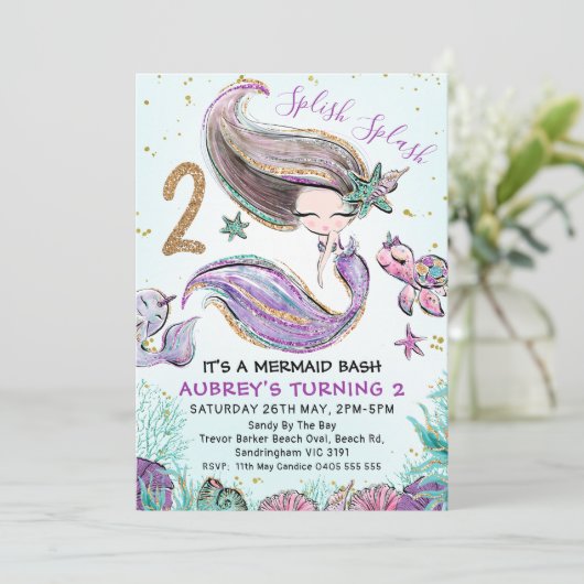 金ゴールドグリッター2パープルマーメイド2歳の誕生日 招待状 (スタンド正面)