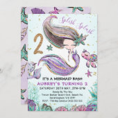金ゴールドグリッター2パープルマーメイド2歳の誕生日 招待状 (正面/裏面)