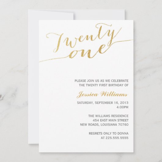 金ゴールドグリッター21歳の誕生日パーティー 招待状 (正面)