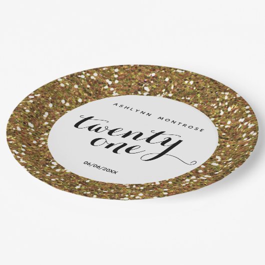 金ゴールドグリッター21歳の誕生日 ペーパープレート (アングル)