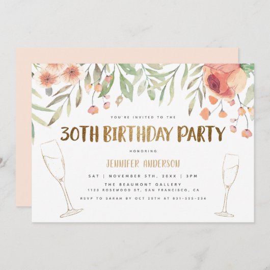 金ゴールドグリッター30歳の誕生日パーティー 招待状 (正面/裏面)