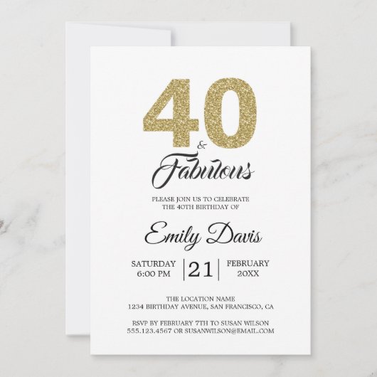 金ゴールドグリッター40と素晴らしい | 40歳の誕生日パーティー 招待状 (正面)