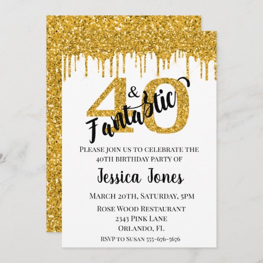 金ゴールドグリッター40四十ファンタスティック40歳の誕生日 招待状 (正面/裏面)