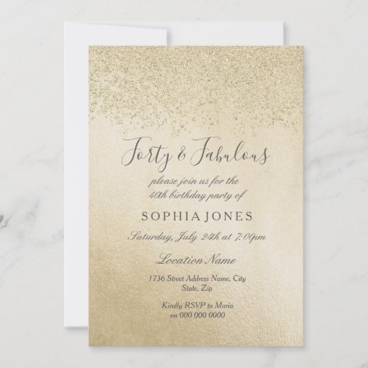 金ゴールドグリッター40歳と素晴らしい40歳の誕生日 招待状 (正面)