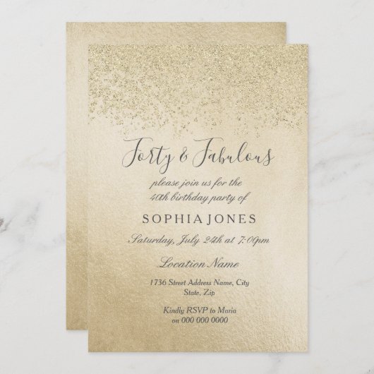 金ゴールドグリッター40歳と素晴らしい40歳の誕生日 招待状 (正面/裏面)