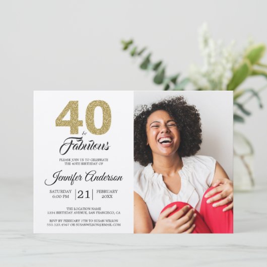 金ゴールドグリッター40素晴らしい誕生日ディーバピンク写真 招待状 (スタンド正面)