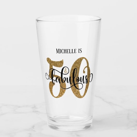 金ゴールドグリッター50と名前付き素晴らしい誕生日 タンブラーグラス (正面)