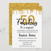 金ゴールドグリッター50と素晴らしい50のサプライズパーティー 招待状 (正面/裏面)