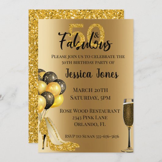 金ゴールドグリッター50と素晴らしい50誕生日金ゴールド 招待状 (正面/裏面)