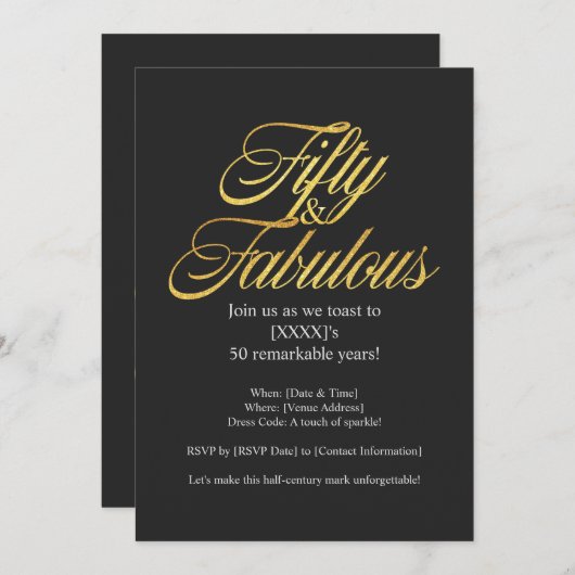 金ゴールドグリッター50と素晴らモダンしい50番目の誕生日 招待状 (正面/裏面)