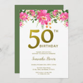 金ゴールドグリッター50歳の誕生日パーティーの水彩フローラ 招待状 (正面/裏面)