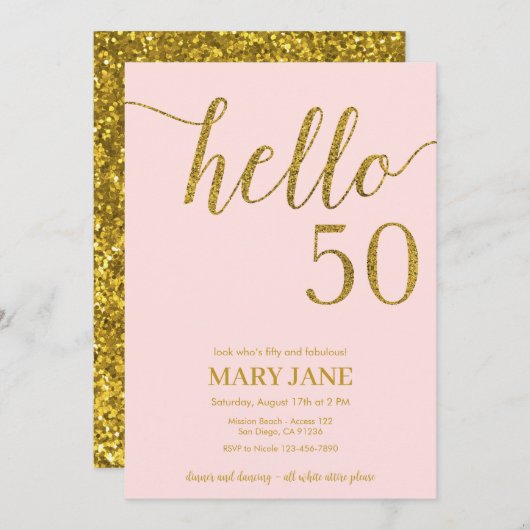 金ゴールドグリッター50番誕生日ハロー50招待状 招待状 (正面/裏面)