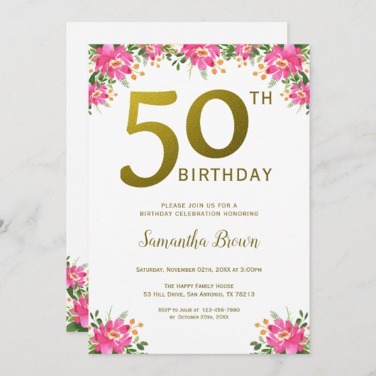金ゴールドグリッター50th誕生日ピンクフローラ 招待状 (正面/裏面)