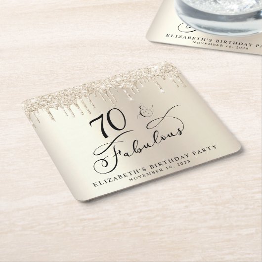 金ゴールドグリッター70th誕生日パーティー スクエアペーパーコースター (アングル)